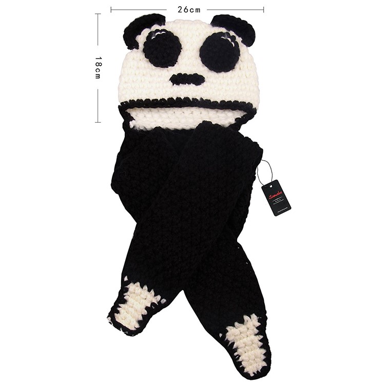 Cute Panda Winter Hand Knitted Hat with Integral Scarf for Children-3