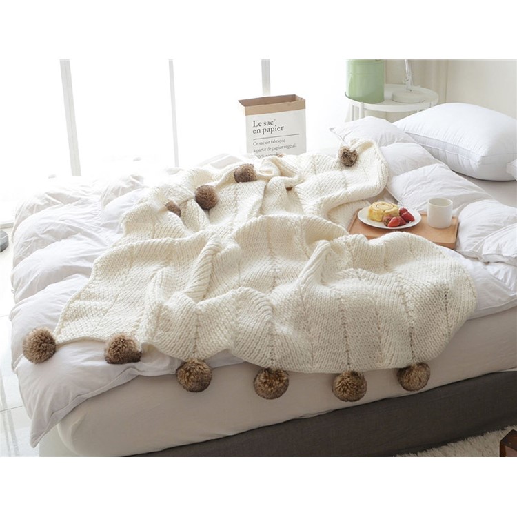 Nordic Style Roving Yarn Soft Warm Knitted Pure Cotton Blanket with Balls, Size: 130 x 160cm - White-4