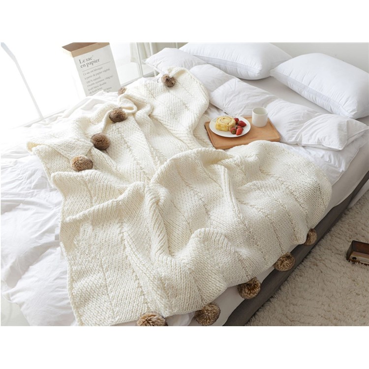 Nordic Style Roving Yarn Soft Warm Knitted Pure Cotton Blanket with Balls, Size: 130 x 160cm - White-5