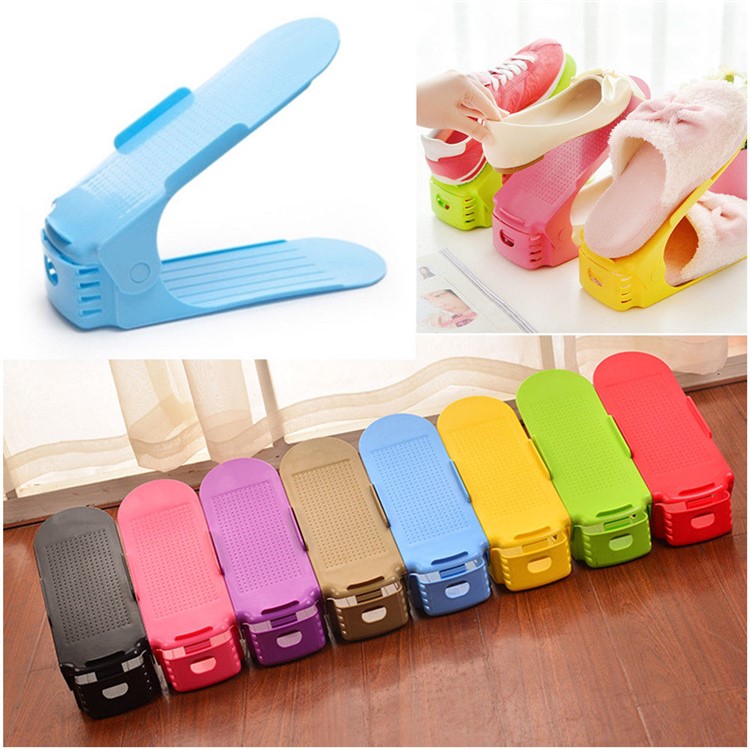 Double Layer Plastic Shoes Display Rack Space-Saving Shoes Storage Organizer Rack - Purple-3
