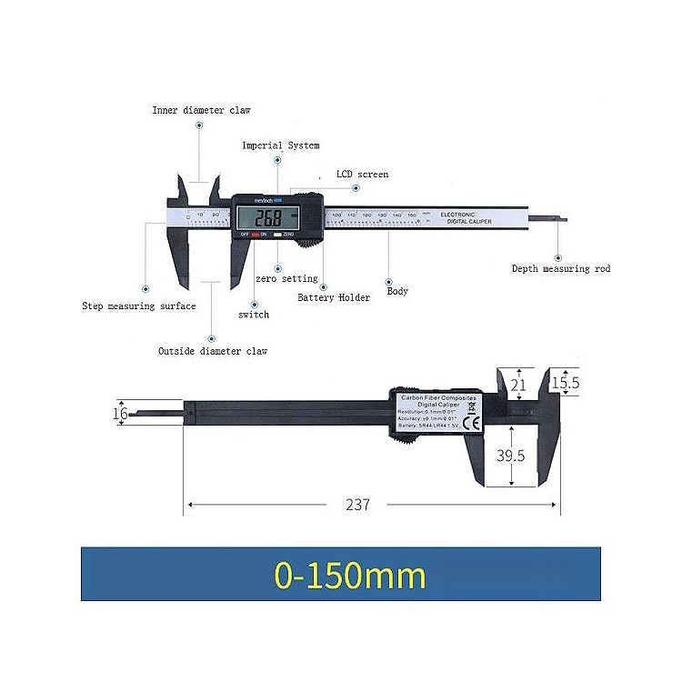 0-150mm Electronic Digital Caliper with Extra Large LCD Screen - Black-5