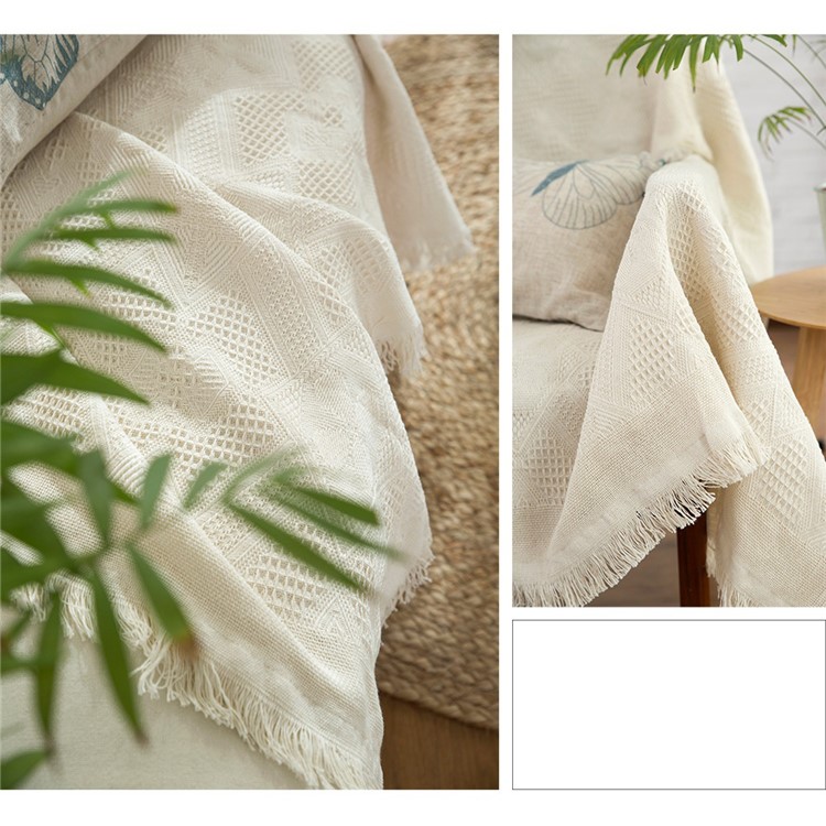 Warm Tassels Cotton Sofa Blanket Office Nap Cover Beige Color Cotton Couch Cover - Rhombus Pattern-3