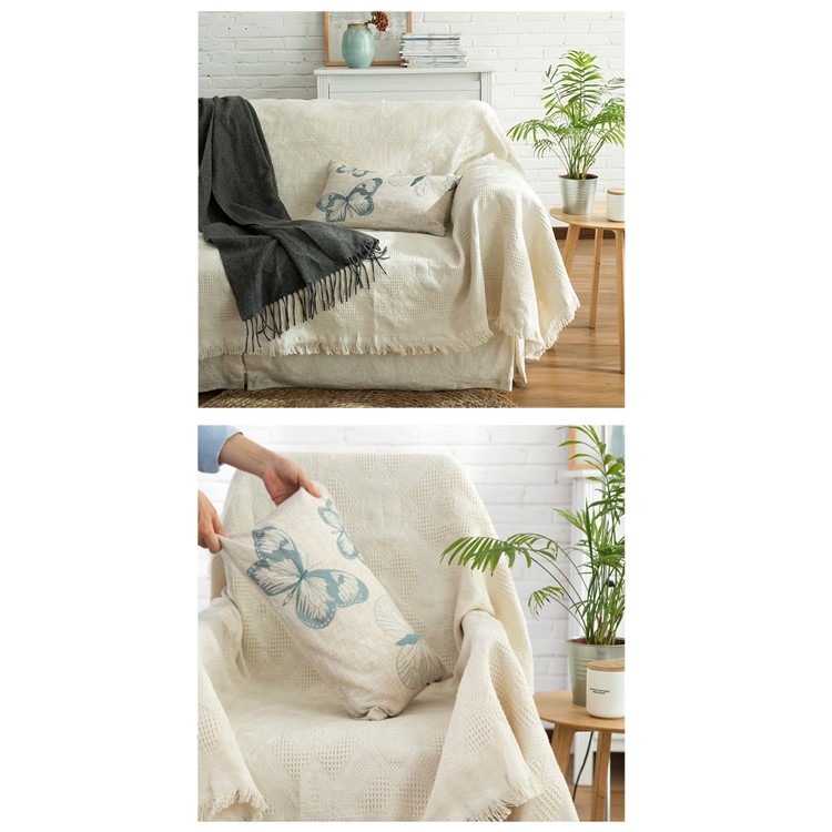 Warm Tassels Cotton Sofa Blanket Office Nap Cover Beige Color Cotton Couch Cover - Rhombus Pattern-4