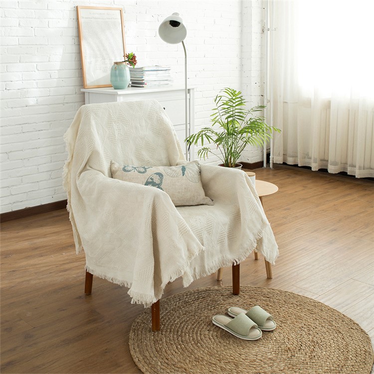 Warm Tassels Cotton Sofa Blanket Office Nap Cover Beige Color Cotton Couch Cover - Rhombus Pattern-5