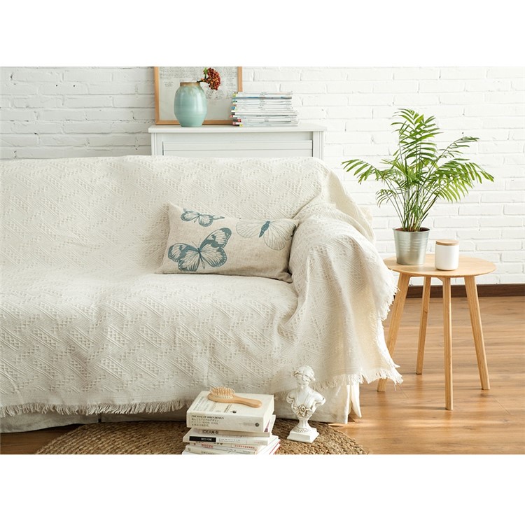 Beige Color Cotton Couch Blanket Tassels Cotton Sofa Blanket Warm Office Nap Cover - T-shaped Pattern-2