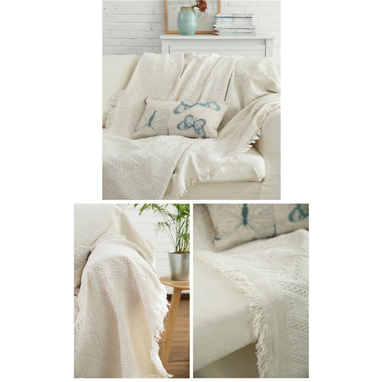 Beige Color Cotton Couch Blanket Tassels Cotton Sofa Blanket Warm Office Nap Cover - T-shaped Pattern-3