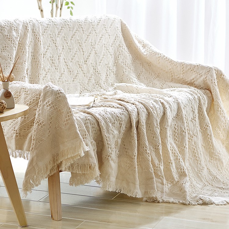 Beige Color Cotton Couch Blanket Tassels Cotton Sofa Blanket Warm Office Nap Cover - T-shaped Pattern-5