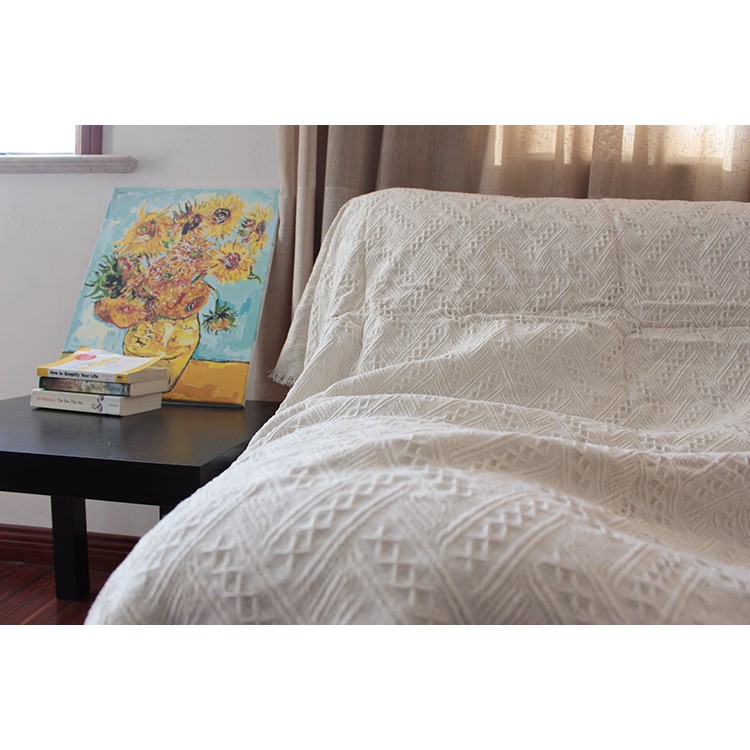 Beige Color Cotton Couch Blanket Tassels Cotton Sofa Blanket Warm Office Nap Cover - T-shaped Pattern-6