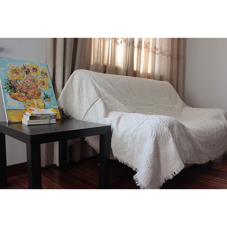 Beige Color Cotton Couch Blanket Tassels Cotton Sofa Blanket Warm Office Nap Cover - T-shaped Pattern-7