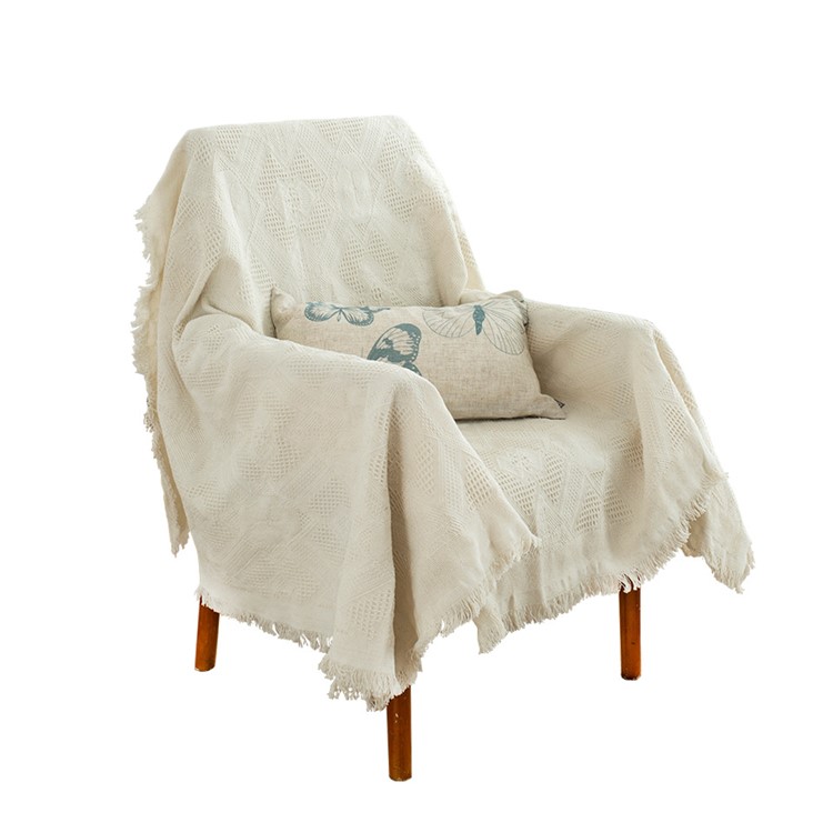 Beige Tassels Cotton Sofa Office Blanket Office Nap Cover Quilt Soft Knitted Crochet Towel - Rhombus Pattern-2