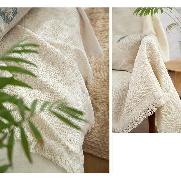 Beige Tassels Cotton Sofa Office Blanket Office Nap Cover Quilt Soft Knitted Crochet Towel - Rhombus Pattern-3