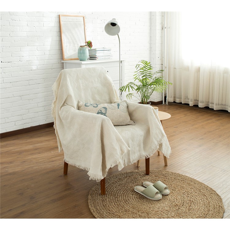Beige Tassels Cotton Sofa Office Blanket Office Nap Cover Quilt Soft Knitted Crochet Towel - Rhombus Pattern-5