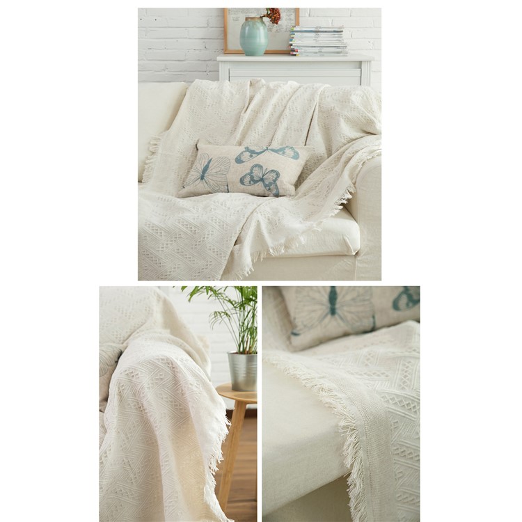Beige Soft Cotton Knitted Throw Blanket Office Cover Crochet Towel - T Shape Pattern-3