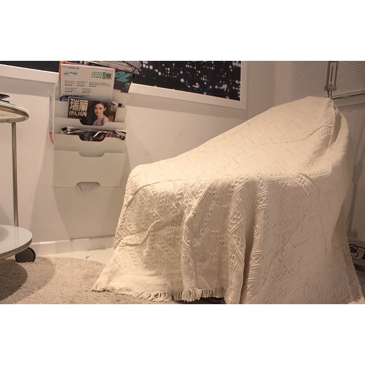Beige Soft Cotton Knitted Throw Blanket Office Cover Crochet Towel - T Shape Pattern-4