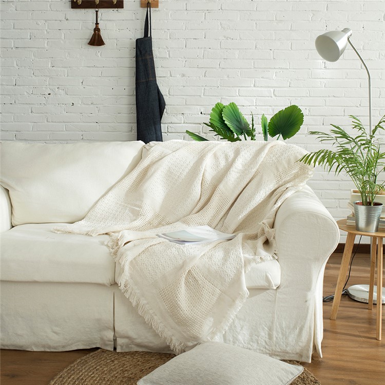 Beige Office Nap Cover Tassels Cotton Sofa Office Blanket Soft Knitted Sofa Towel - Square Lattice Pattern-1