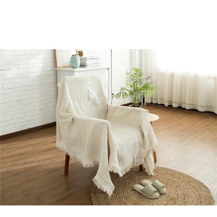 Beige Office Nap Cover Tassels Cotton Sofa Office Blanket Soft Knitted Sofa Towel - Square Lattice Pattern-2