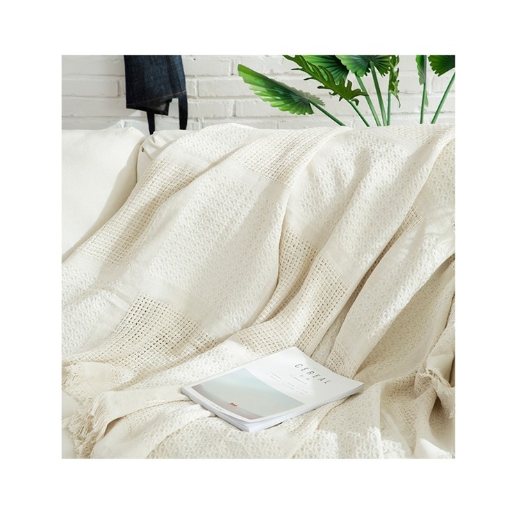 Beige Office Nap Cover Tassels Cotton Sofa Office Blanket Soft Knitted Sofa Towel - Square Lattice Pattern-3