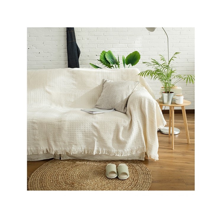 Beige Office Nap Cover Tassels Cotton Sofa Office Blanket Soft Knitted Sofa Towel - Square Lattice Pattern-4