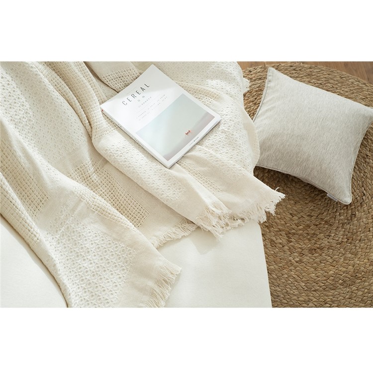 Beige Office Nap Cover Tassels Cotton Sofa Office Blanket Soft Knitted Sofa Towel - Square Lattice Pattern-5