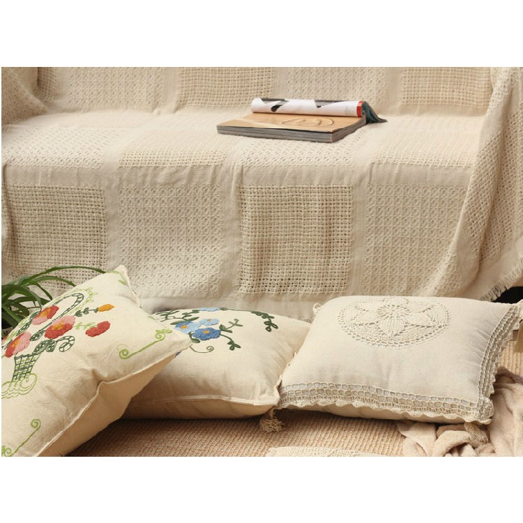 Beige Office Nap Cover Tassels Cotton Sofa Office Blanket Soft Knitted Sofa Towel - Square Lattice Pattern-6