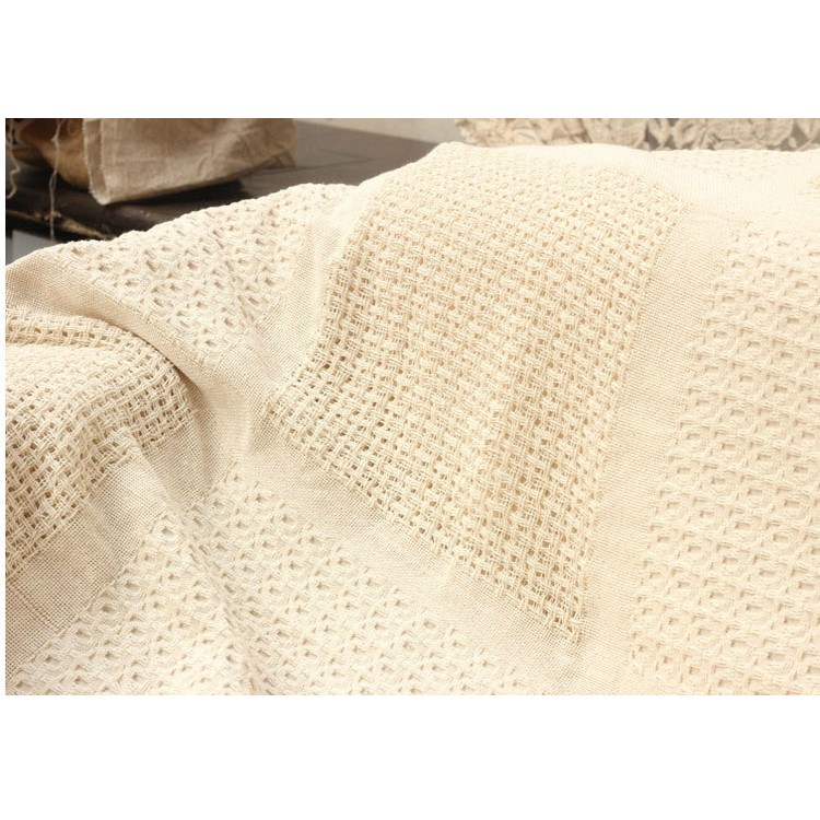 Beige Office Nap Cover Tassels Cotton Sofa Office Blanket Soft Knitted Sofa Towel - Square Lattice Pattern-7