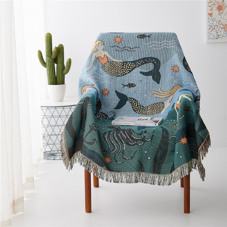Mermaid Pattern Warm Tassels Sofa Throw Blanket Couch Cover Decorative Soft Chair Cover-7