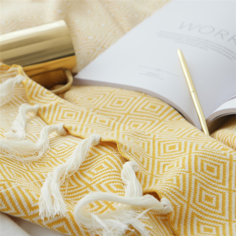 Knitted Cotton Zigzag Moulding Tassels Throw Blanket Bedspreads Sofa Decor Blanket - Yellow-3