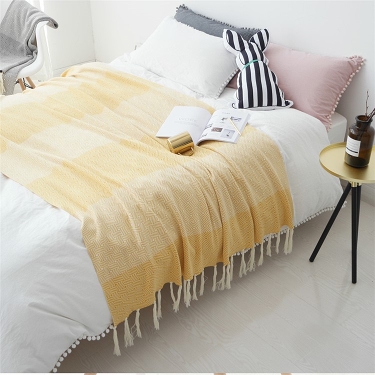 Knitted Cotton Zigzag Moulding Tassels Throw Blanket Bedspreads Sofa Decor Blanket - Yellow-4