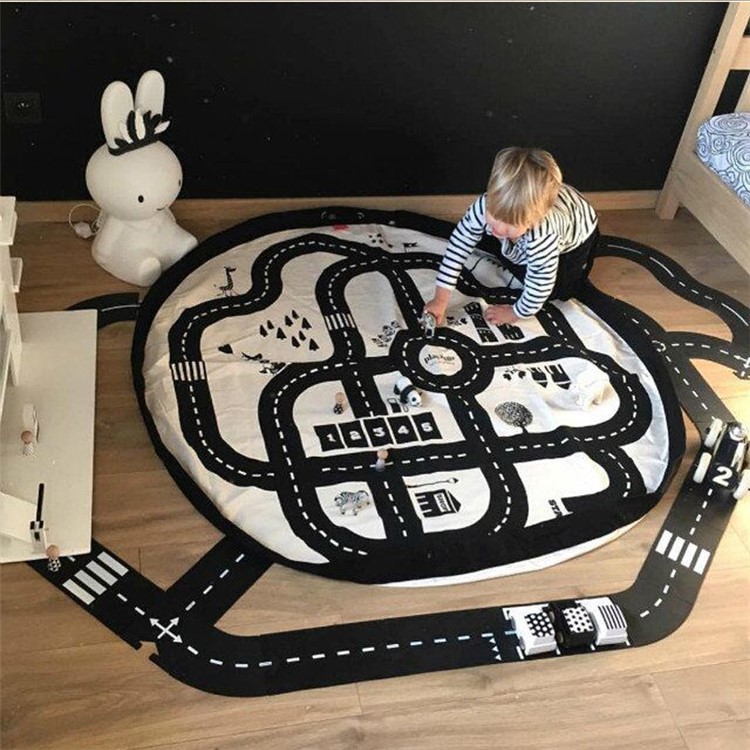 Kids Roadmap Play Round Mat Cotton Canvas Toy Organizer Storage Bag, Size: 140cm-1