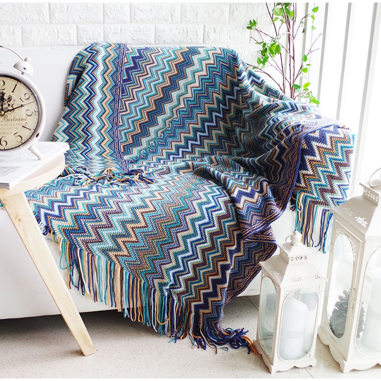 Bohemia Style Warm Thick Chair Slipcover Cotton Sofa Thread Blanket, Size: 130 x 160cm - Blue-1