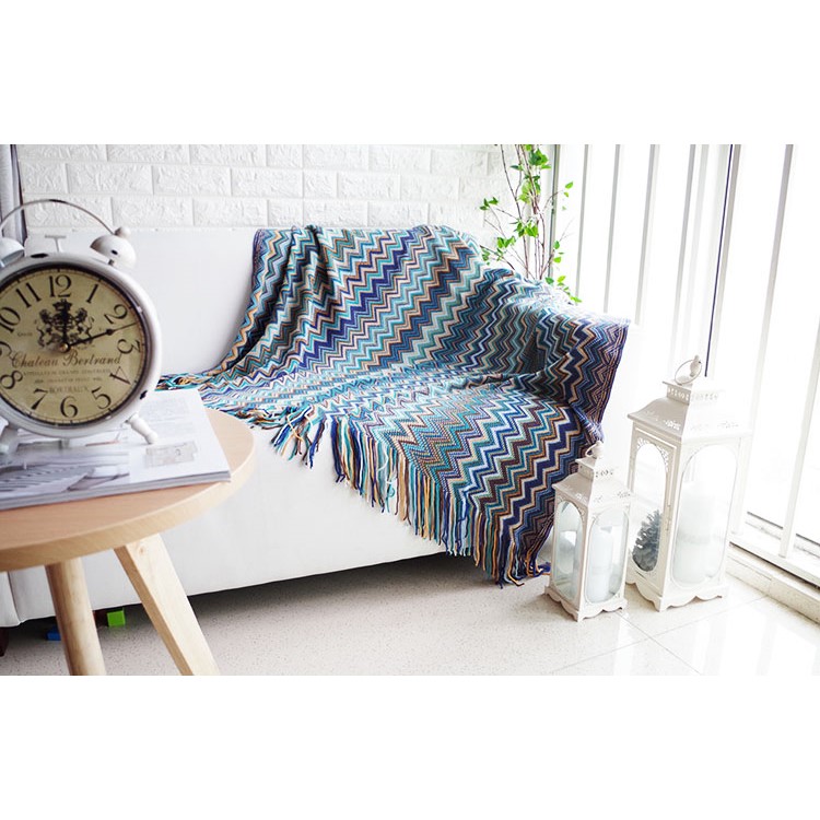 Bohemia Style Warm Thick Chair Slipcover Cotton Sofa Thread Blanket, Size: 130 x 160cm - Blue-4