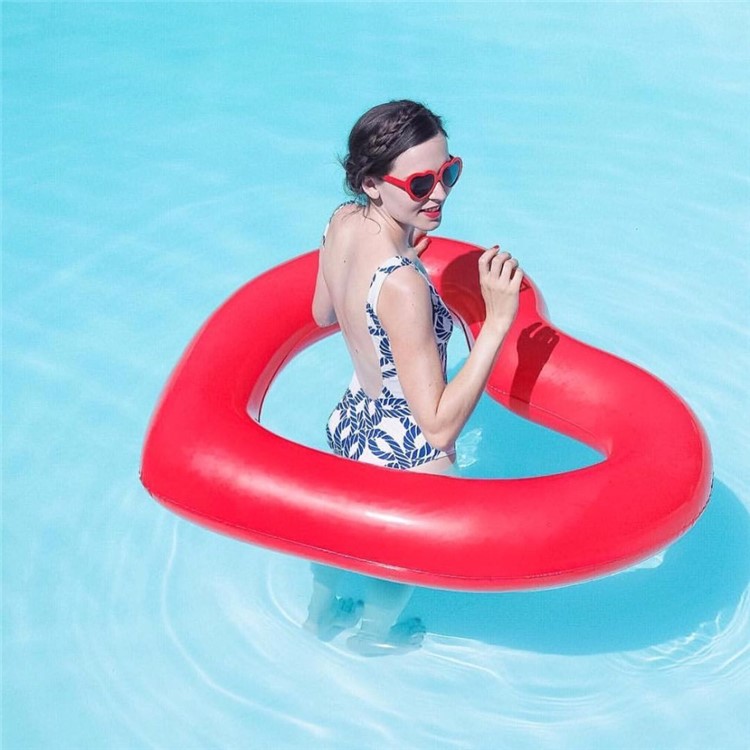 Heart Shaped Swimming Pool Float Lounger Tube Inflatable PVC Swim Ring - Red-1