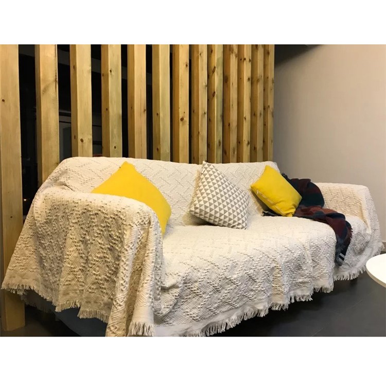 Cotton Thread Sofa Cover Throw with Tassels 230 x 250cm - White-14