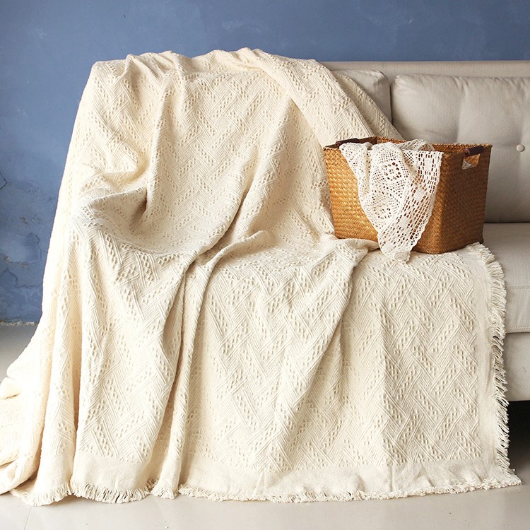 Cotton Thread Sofa Cover Throw with Tassels 230 x 250cm - White-2