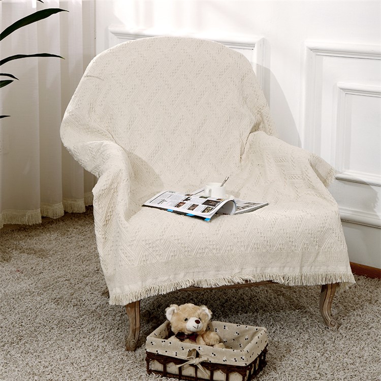 Cotton Thread Sofa Cover Throw with Tassels 230 x 250cm - White-4