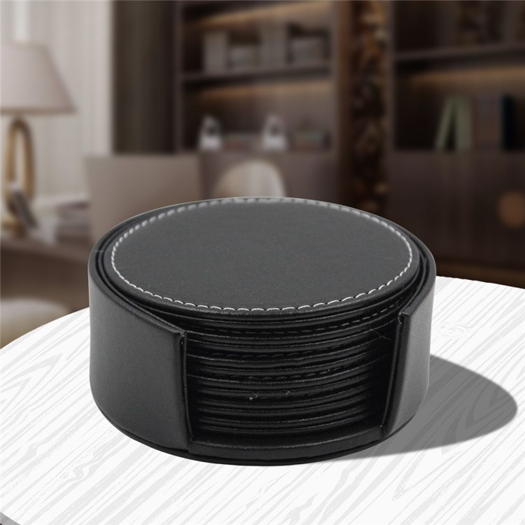 6Pcs/Set PU Leather Heat-resistance Placemat Cup Mats Coffee Mug Drink Coasters - Black-11
