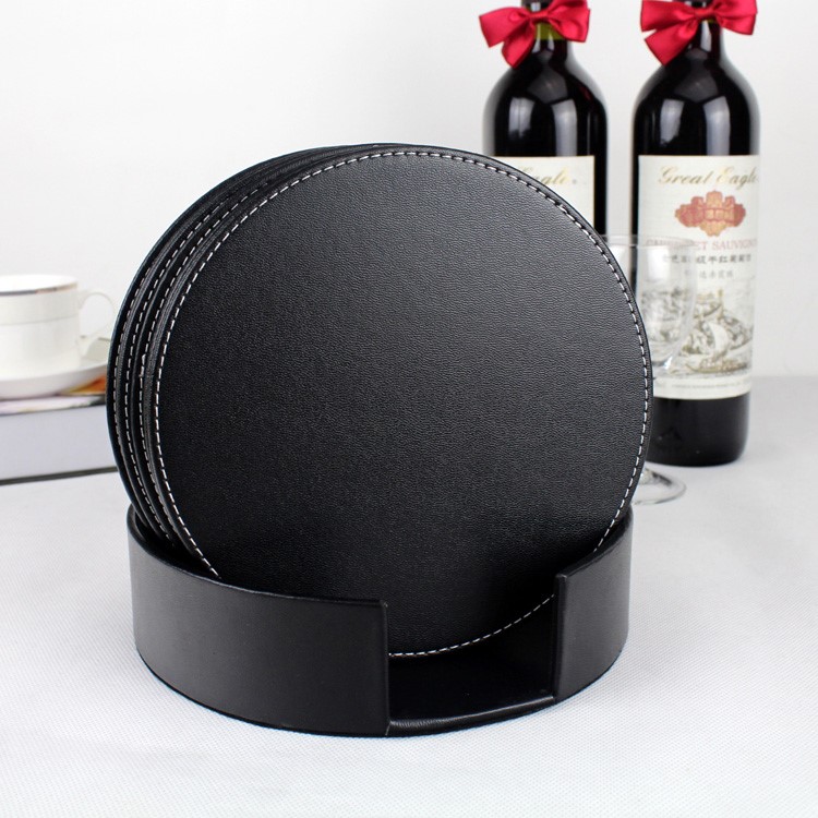 6Pcs/Set PU Leather Heat-resistance Placemat Cup Mats Coffee Mug Drink Coasters - Black-12