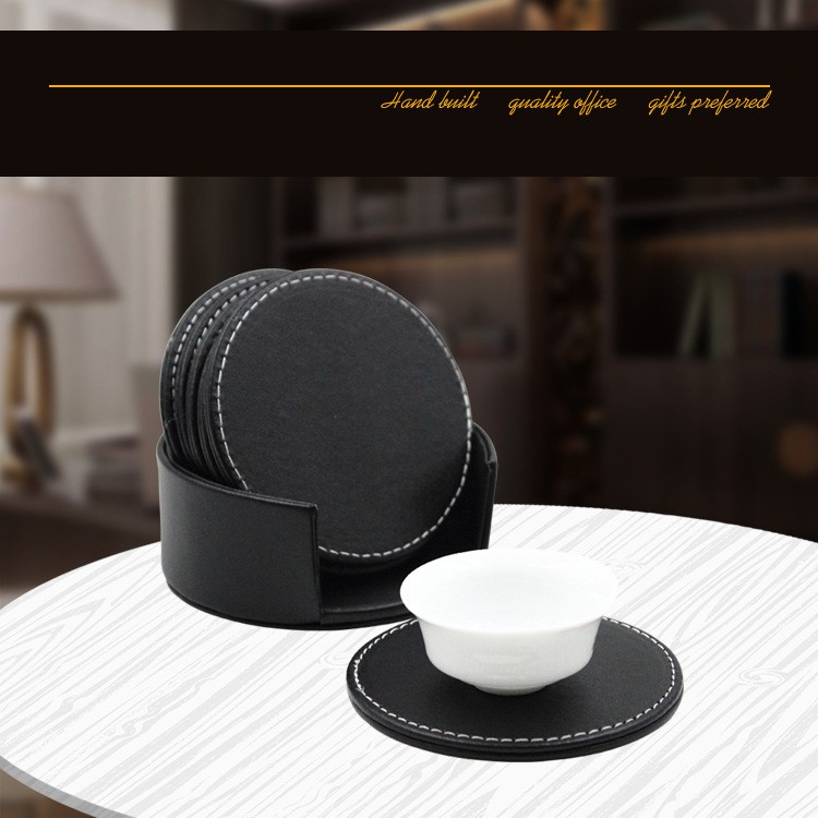 6Pcs/Set PU Leather Heat-resistance Placemat Cup Mats Coffee Mug Drink Coasters - Black-2