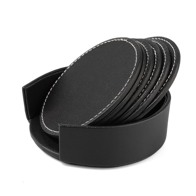 6Pcs/Set PU Leather Heat-resistance Placemat Cup Mats Coffee Mug Drink Coasters - Black-4