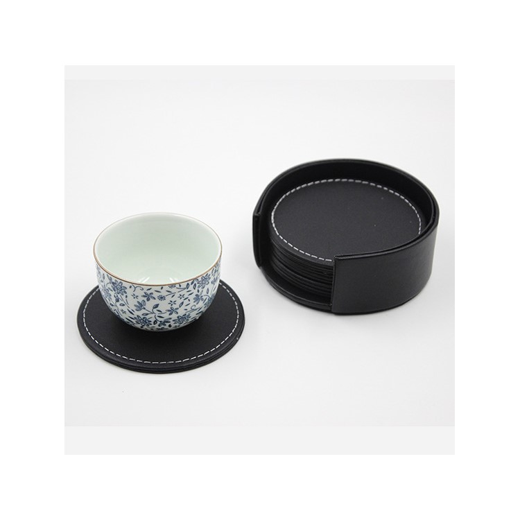 6Pcs/Set PU Leather Heat-resistance Placemat Cup Mats Coffee Mug Drink Coasters - Black-8
