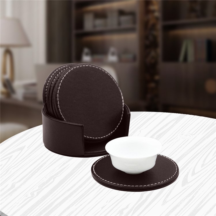 6Pcs/Set PU Leather Heat-resistance Placemat Cup Mats Coffee Cup Cushion Minions - Brown-1