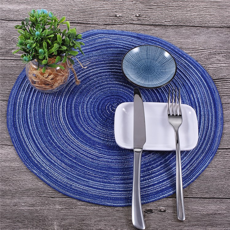 Round Shape Non-slip Woven Pattern Kitchen Placemat Pad for Dining Table, Diameter: 35cm - Blue-3