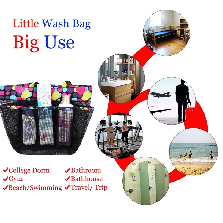 Polka Dot Pattern Mesh Shower Caddy Large Shower Caddy Bag 8 Storage Pockets - Black-2
