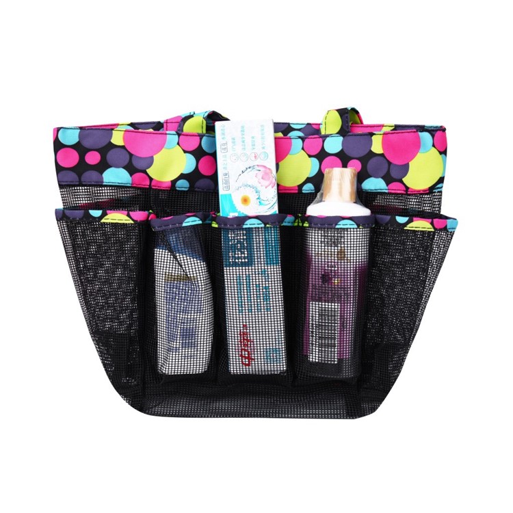 Polka Dot Pattern Mesh Shower Caddy Large Shower Caddy Bag 8 Storage Pockets - Black-3