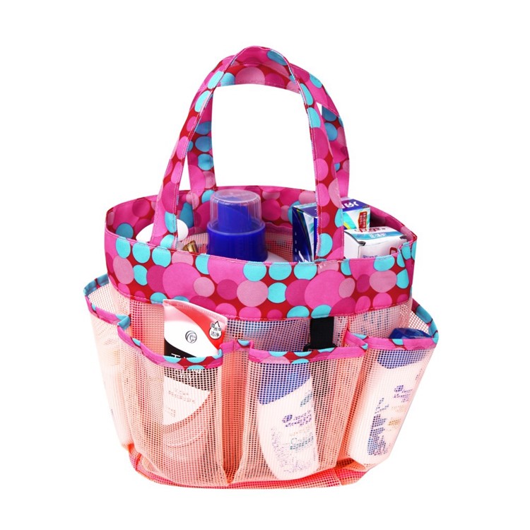 Polka Dot Pattern Mesh Shower Caddy Large Shower Caddy Bag Pouch 8 Storage Pockets - Pink-2