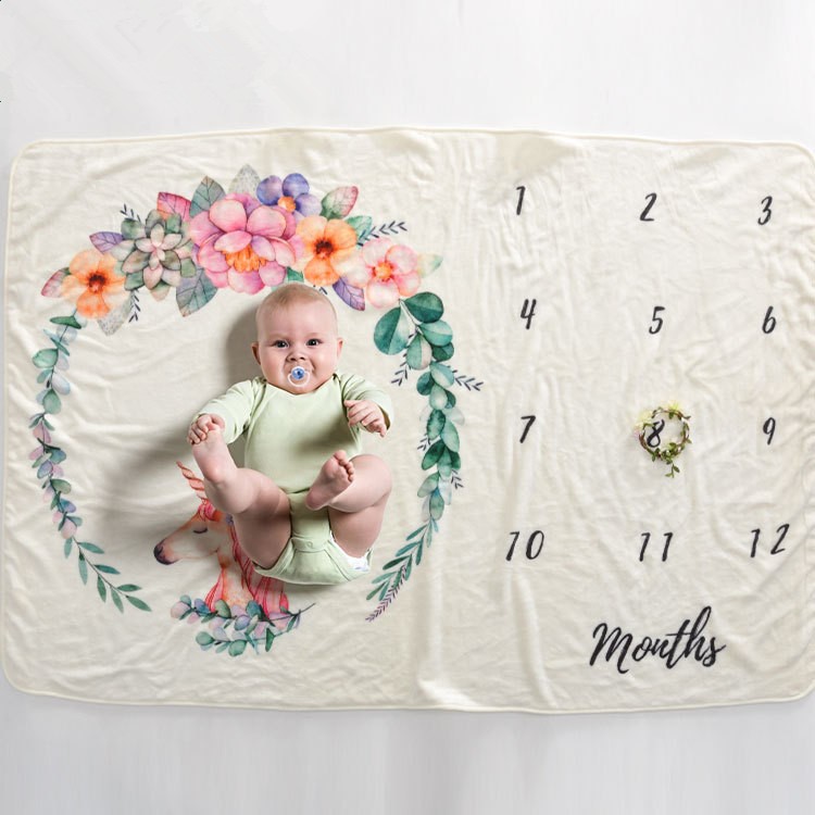 Premium Fleece Monthly Milestone Blanket for Baby Photo Props - Unicorns and Flowers-1