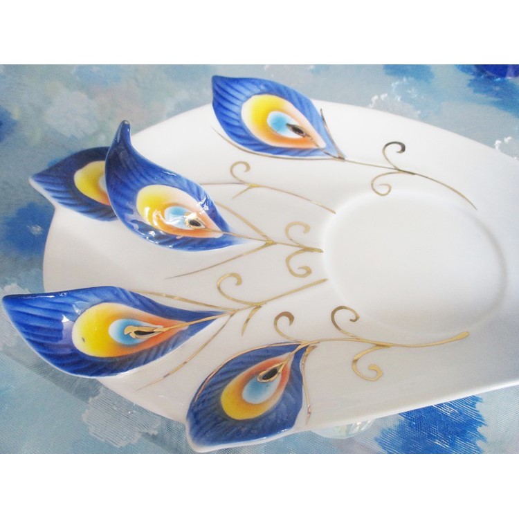 Creative Peacock Theme Porcelain Tea Cup Beautiful Ceramic Mug Three Pieces - Blue-2