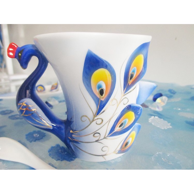 Creative Peacock Theme Porcelain Tea Cup Beautiful Ceramic Mug Three Pieces - Blue-4