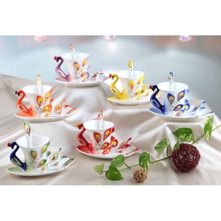 Creative Peacock Theme Porcelain Tea Cup Beautiful Ceramic Mug Three Pieces - Blue-6