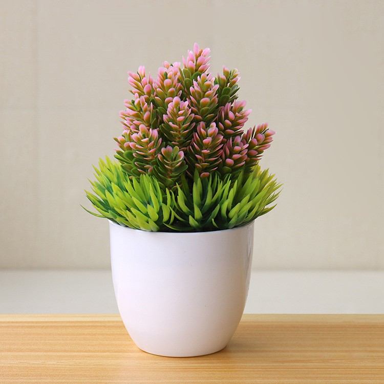 Mini Plastic Lifelike Artificial Green Plant Flower with Pot for Home Office - Pink-1